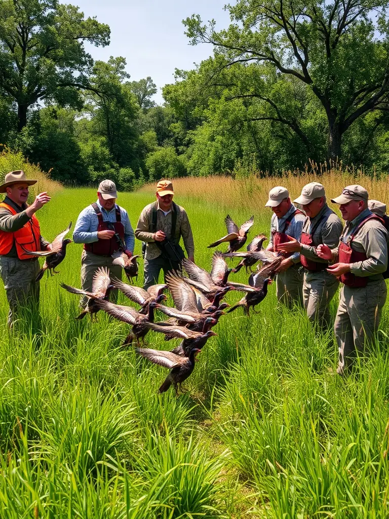 A photograph showcasing the release of reintroduced game birds into a managed hunting area, with members of SOCIETE DE CHASSE DE LIOURDRES overseeing the process.