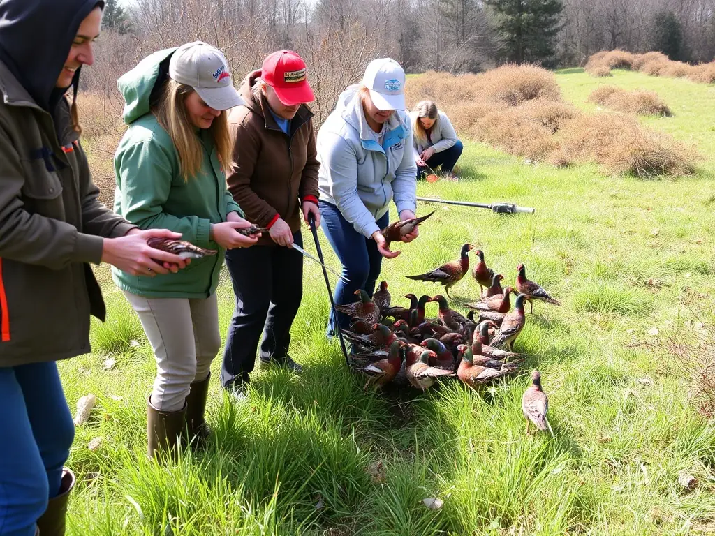 A photograph of a group of volunteers releasing young pheasants into a managed hunting area, illustrating SOCIETE DE CHASSE DE LIOURDRES's species restocking program. The image should capture the excitement and hope associated with reintroducing native species.