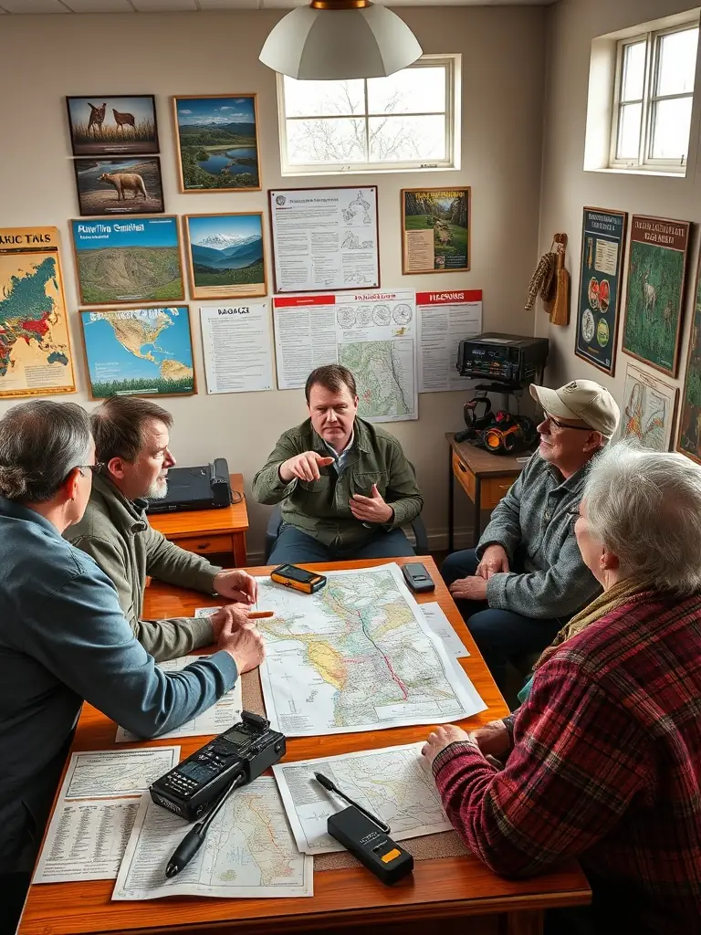 A captivating image of a workshop setting, with participants learning about wildlife tracking techniques from an experienced instructor, surrounded by maps and tracking tools.