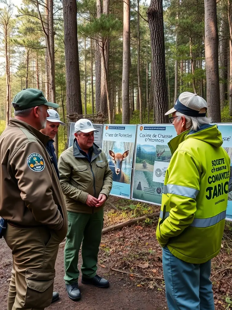 A photograph illustrating SOCIETE DE CHASSE DE LIOURDRES members conducting a wildlife census in a protected area, using binoculars and data collection tools.