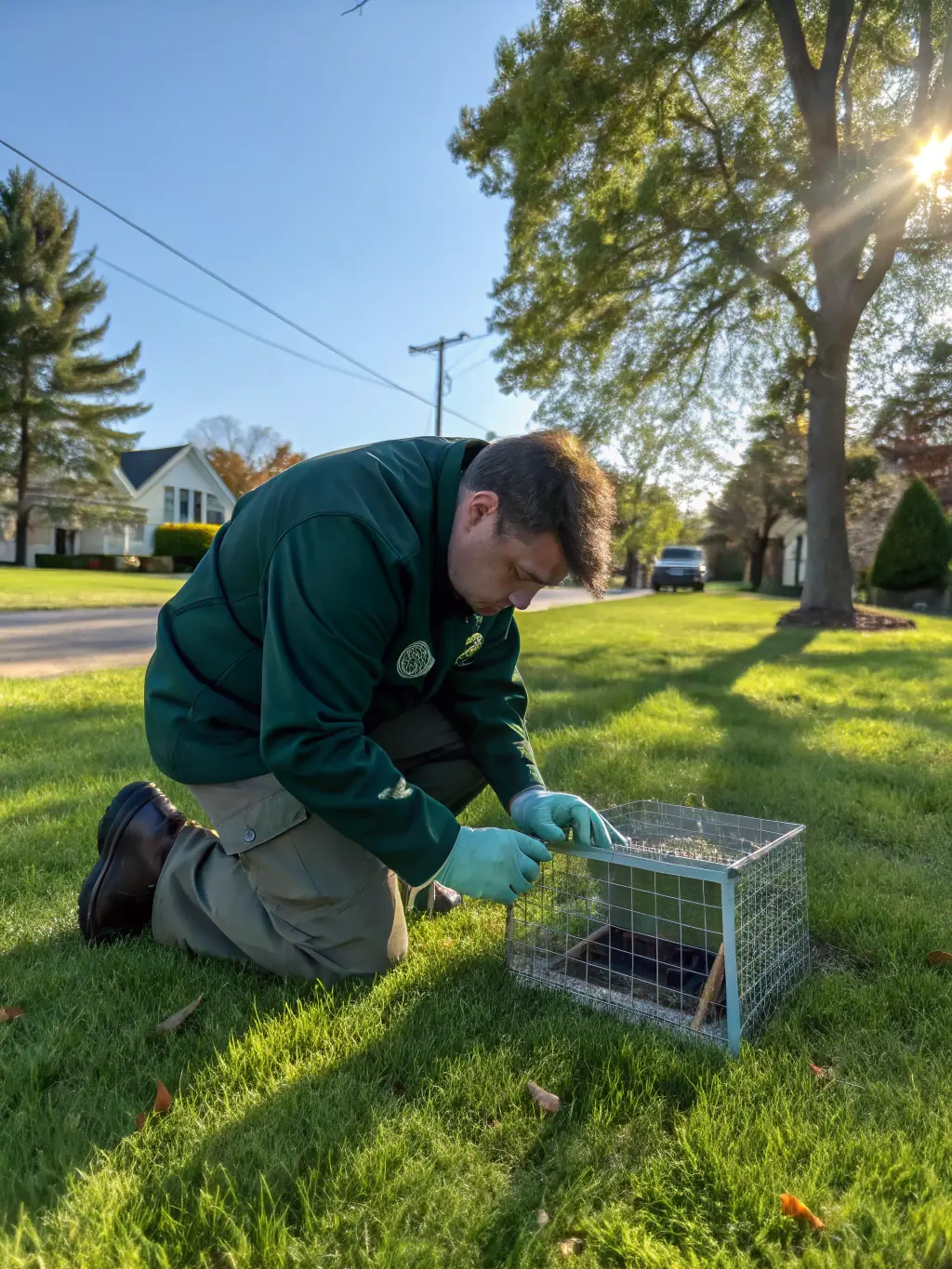 A photograph of a SOCIETE DE CHASSE DE LIOURDRES member humanely trapping a nuisance animal, demonstrating responsible wildlife management practices.