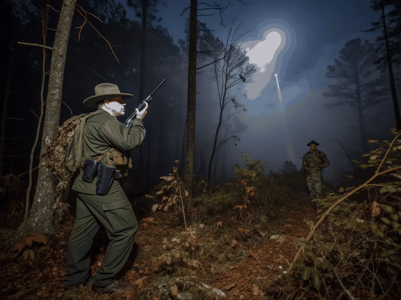 A photo of a wildlife ranger patrolling a forest area at night, emphasizing anti-poaching measures.