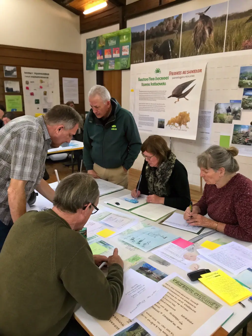 A photograph of community members gathered for an educational seminar on wildlife conservation, featuring a speaker presenting information on local species and conservation strategies.