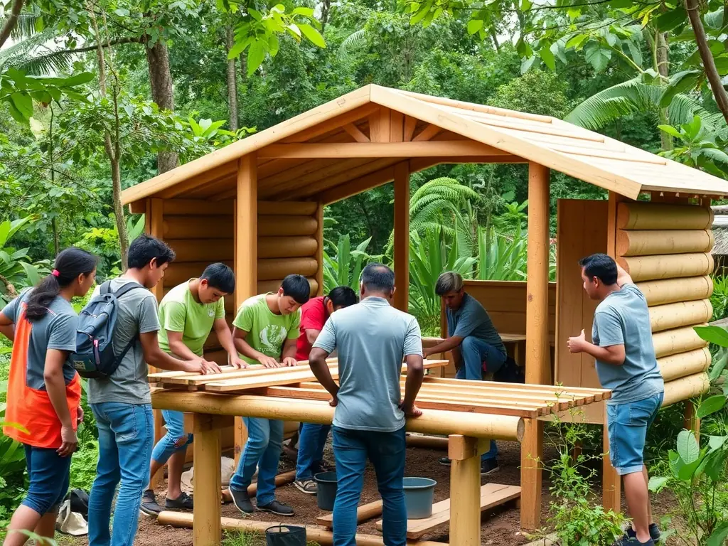 A photograph depicting volunteers constructing birdhouses in a forest clearing, showcasing habitat enhancement efforts.