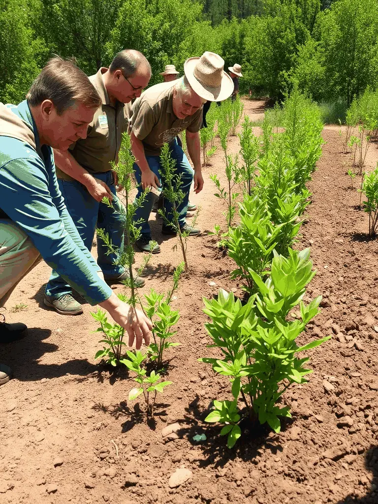 A visually appealing image of volunteers planting trees and native plants in a designated area, showcasing habitat restoration efforts and community involvement in environmental conservation.
