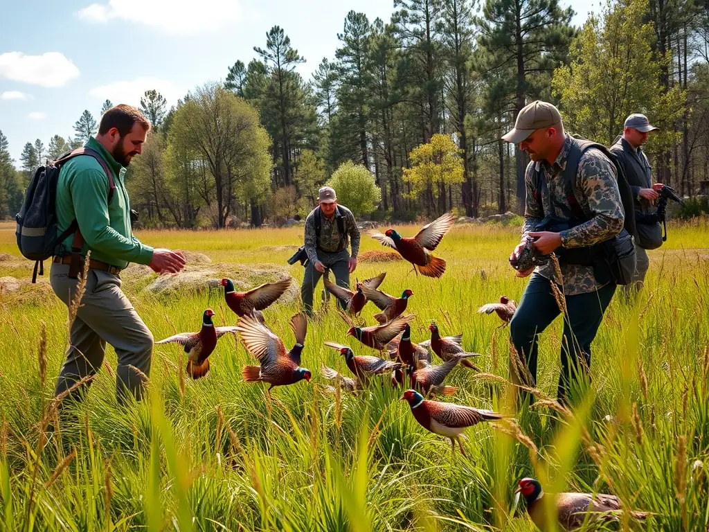 An image showing a group of hunters participating in a controlled pheasant release, illustrating species restocking efforts.