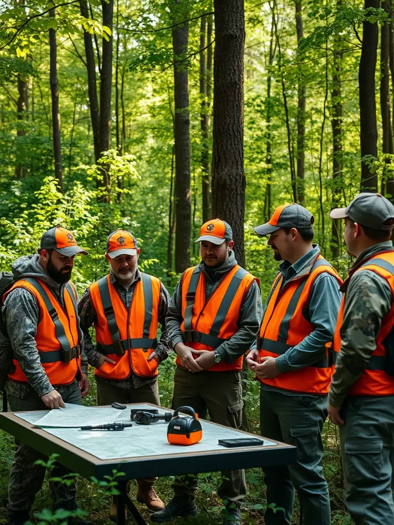 A high-quality photograph depicting a group of hunters participating in a controlled hunt, emphasizing safety and responsible wildlife management, set in a natural, wooded environment during autumn.