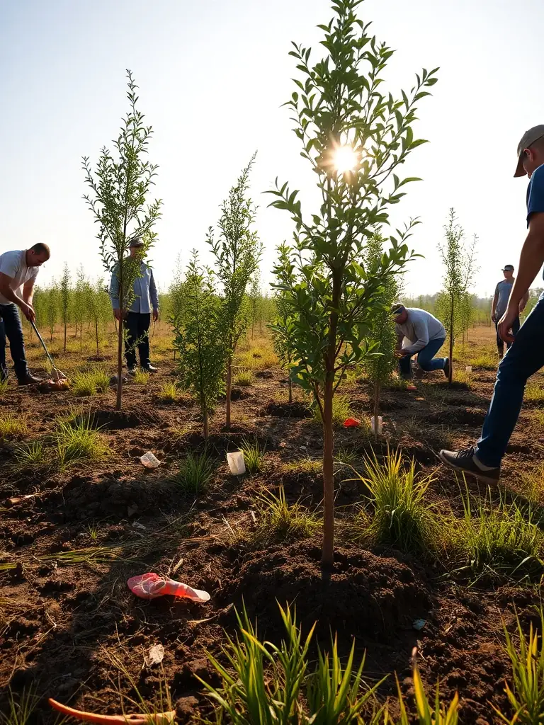 A photograph capturing a group of SOCIETE DE CHASSE DE LIOURDRES members participating in a habitat restoration project, planting native trees and shrubs to improve wildlife habitat.
