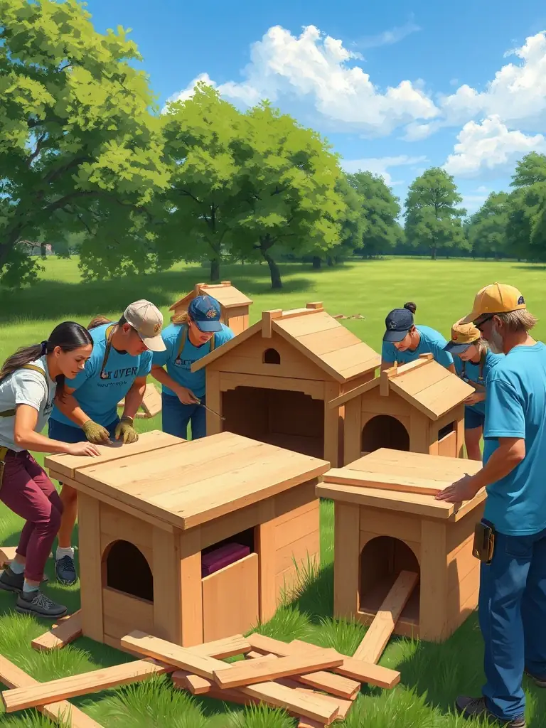 A photograph depicting volunteers constructing a new bird nesting box in a forest clearing, showcasing habitat protection efforts by SOCIETE DE CHASSE DE LIOURDRES.